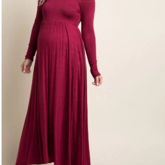 PinkBlush Petite Dark Burgundy Solid Off Shoulder Maternity Maxi Dress - Picture 3 of 9